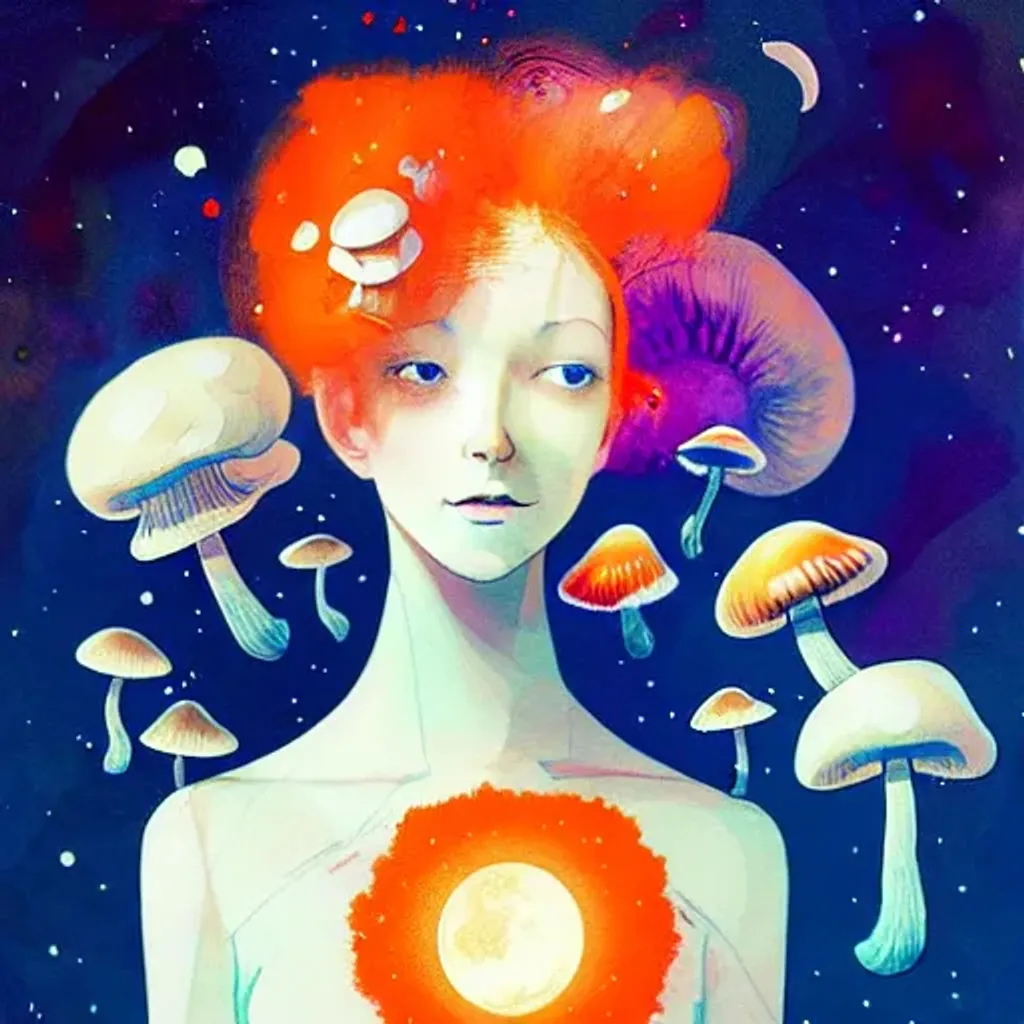 Prompt: Character portrait by Ryan Hewett, Beautiful woman with orange hair, mushrooms growing out of her hair, hq, fungi, celestial, portrait, victo ngai, moon mushrooms, galaxy, moon, stars 