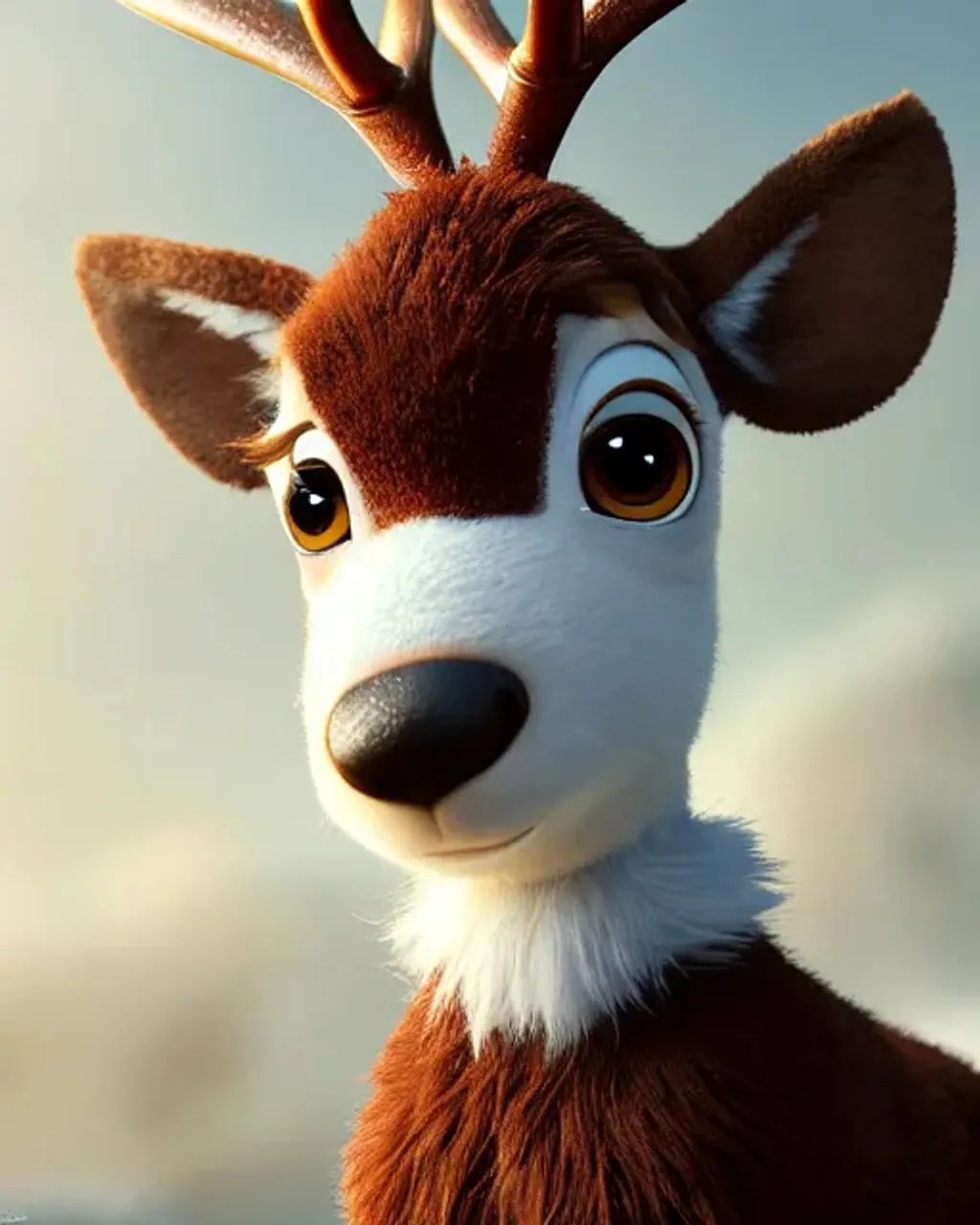 Prompt: Disney pixar, exquisite new character, cute reindeer girl, highly detailed, fluffy, intricate details, beautiful big eyes, maximum cuteness, lovely, adorable, beautiful, flawless, masterpiece, soft dramatic moody lighting, ultra high quality octane render, magic wood background, Christmas aura, hypermaximalist, trending on artstation, Anna Dittmann, Tom Blackwell