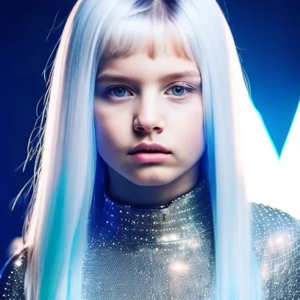 Prompt: cute beautiful {russian} child girl from another civilization and race, dressed in beautiful soft transparent silver clothing with geometric symbols, standing on the spaceship, Multidimensional reality, parallel world, closeup portrait with soft light bokeh, , beautiful intricate {white and soft blue hair}, natural color of lips, symmetrical face, anime wide blue eyes, soft lighting, {deep blue eyes with ultra details}, {deep blue eyes with light reflections}, {{{ultra high blue eyes render details}}}, ultra-realistic soft lighting, {smooth soft skin}, sharp eyes, cute smile, {eyes with reflection}, bright soft light from the behind, {5 fingers with ultra high details and render quality}