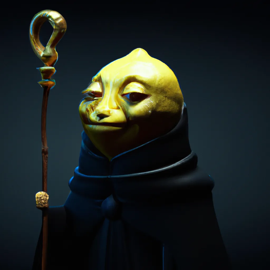 Prompt: an ultra detailed digital art of a yellow lemon character wearing a black robe and holding a magical cane + accurate facial features + 8k + octane render