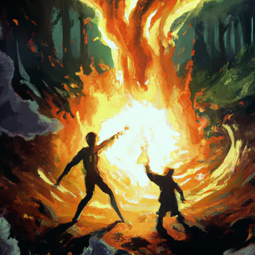 Prompt: A fire helping a person on fire with spreading the fire to another fire, digital art