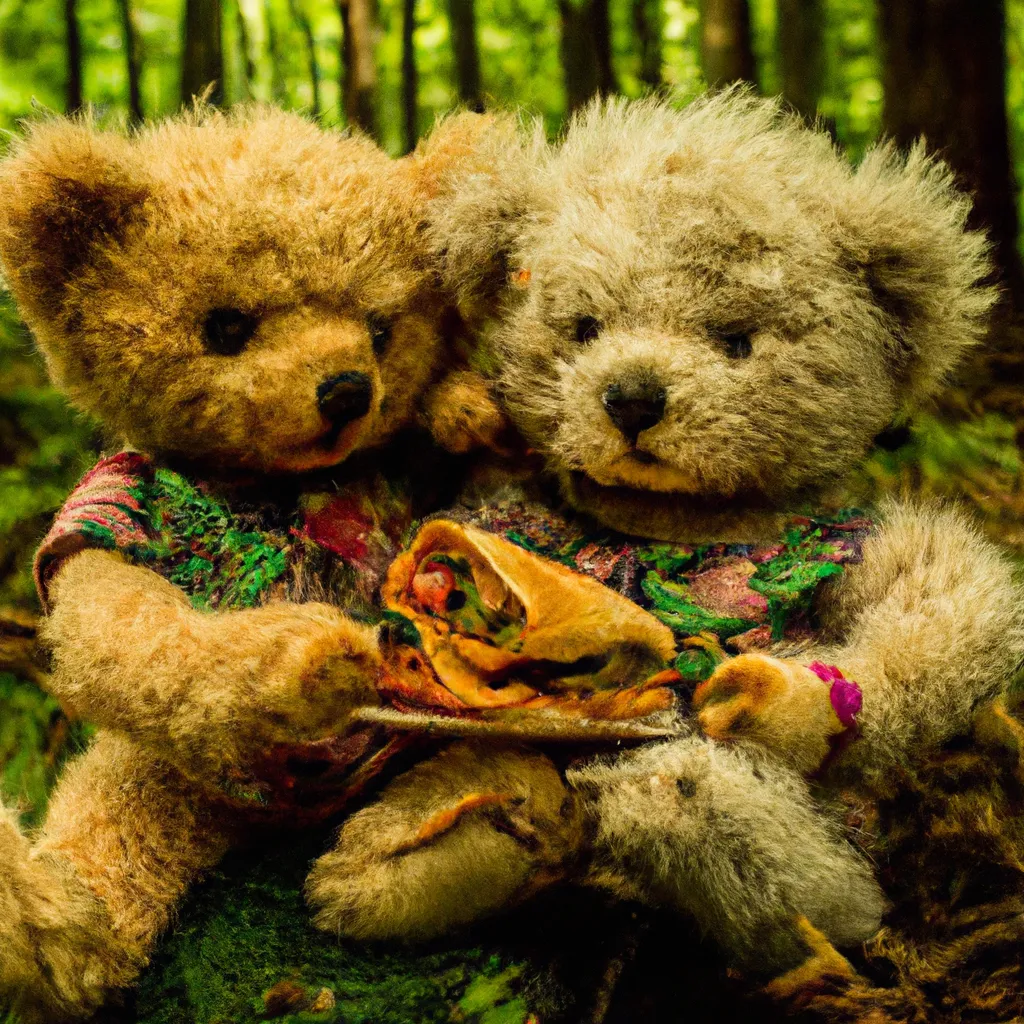 Two teddy bears eating burritos in a forest, detaile... | OpenArt