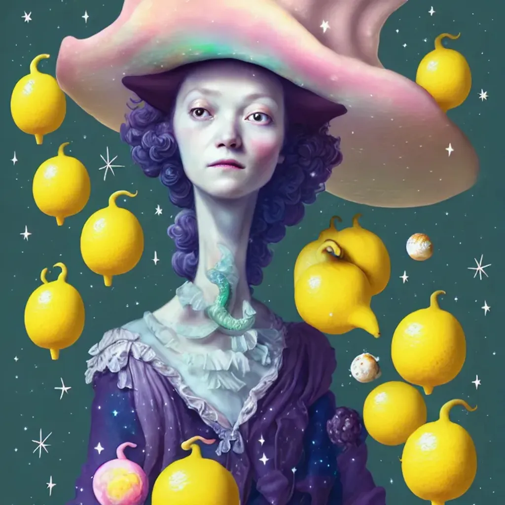 Prompt: Rococo Pastel character portrait, witch, lemons, close portrait, mushrooms, stars, planets, hq, fungi, celestial, moon, galaxy, stars, victo ngai, Ryan Hewett 