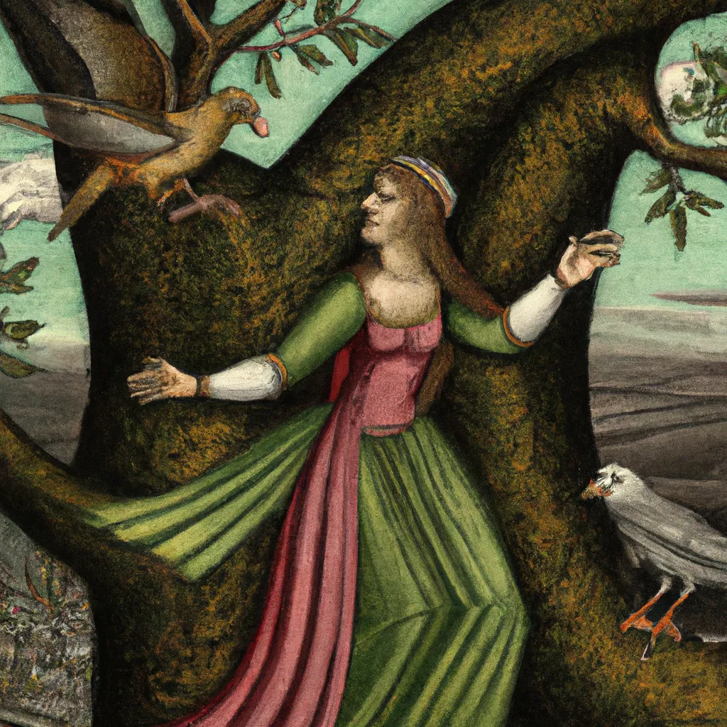 Prompt: Queen of the birds dancing with the King of the trees, painting by Leonardo Da Vinci