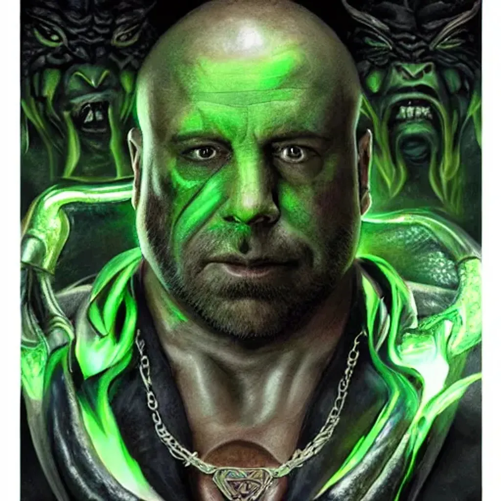 Prompt: Alex Jones returns to the underworld to compete in Mortal Kombat, muscular, thick thick facial hair, electric green sorcery, wearing an {anodized amulet frog necklace}, portrait art by Donato Giancola and Bayard Wu, digital art, trending on artstation, 8k, 100mm lens, epic composition