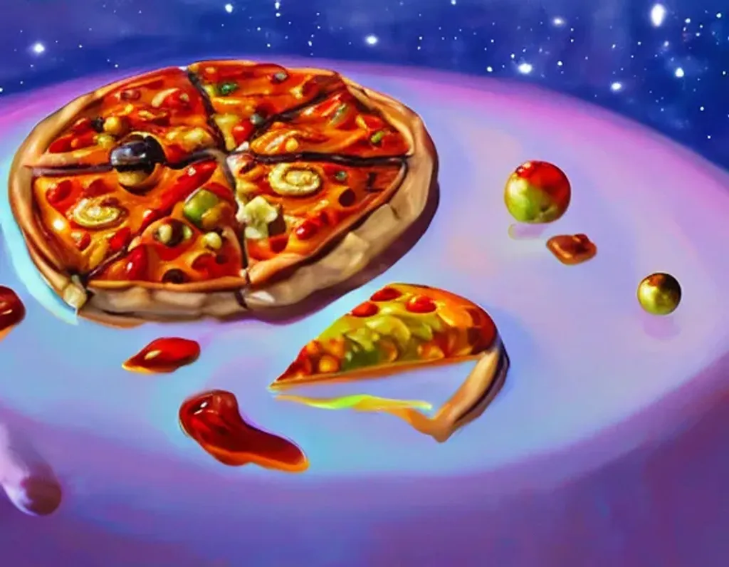 Prompt: Oil painting of a cosy vintage tiny cute food, pizza, staring at the stars on an icy planet, octane render by weta digital, exotic colorful pastel, ray traced lighting and reflections by Yoji Shinkawa
  
  