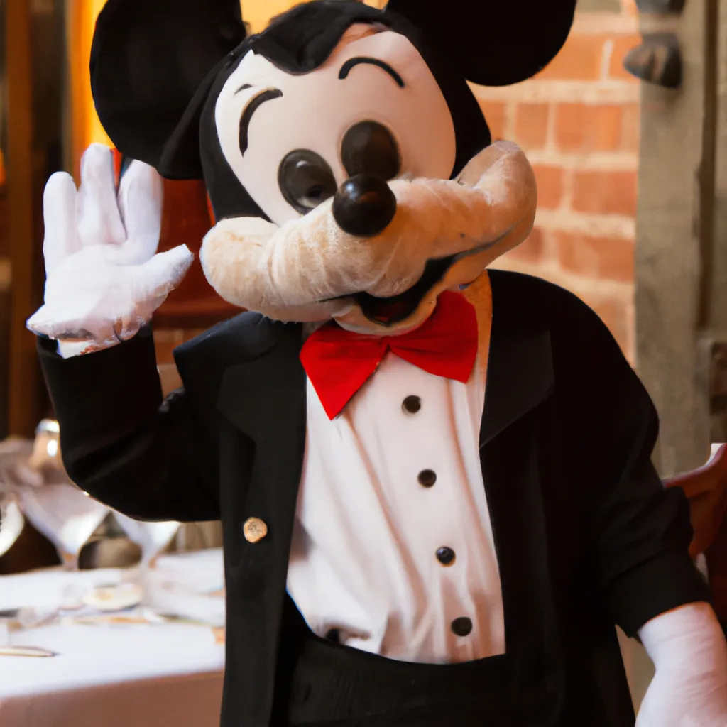 Prompt: Mickey Mouse dressed as a waiter in an Italian restaurant