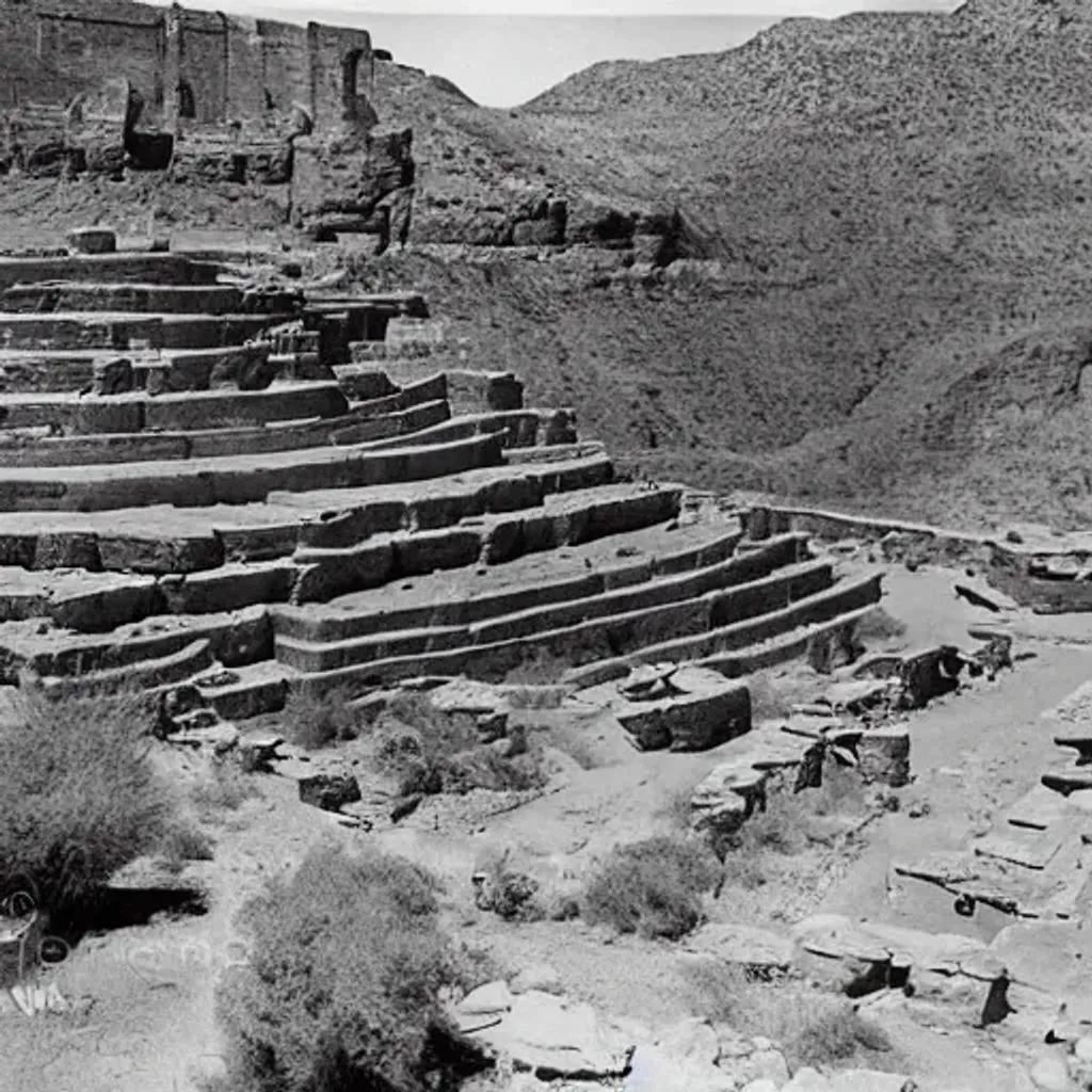 Prompt: Photograph of ancient pueblo ruins, first mesa Arizona, in a canyon, showing terraced gardens and lush desert vegetation in the foreground,  by Timothy H. O'Sullivan.