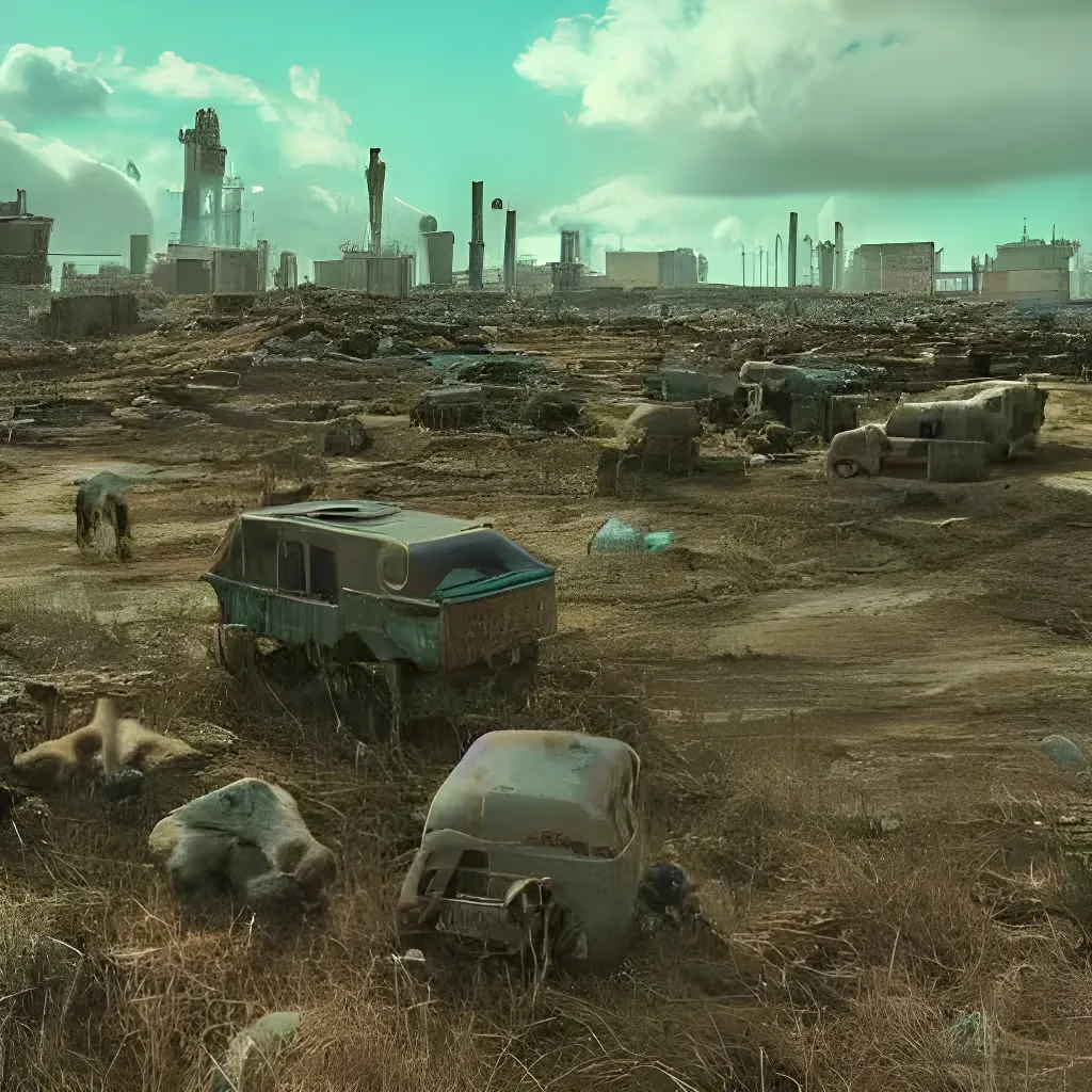 Prompt: wide angle 
dystopian wasteland 
with starving people 
dead animals 
standing in the middle a starving but gorgeous symmetrical female
hyper realistic dark blue green sky
AI engineers creating Art installation to inspire everyone to Fix The World restore ecological balance
3D rendered rea
unreal engine