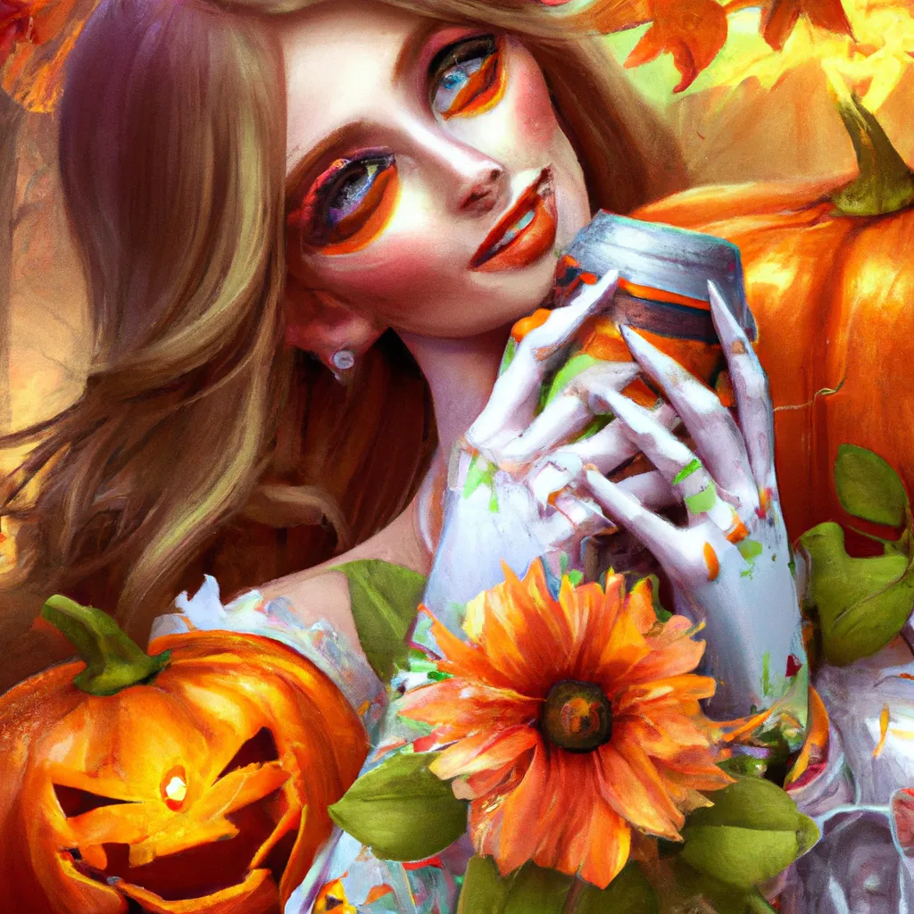 Prompt: Detailed hyper realistic ultra realistic sharp clear digital airbrush by Anna Dittmann, preston blair, Tom Bagshaw, eyvind earle, tim Burton, Gil Elvgren. Movie still poster of A Scary Haunted Horror spooky ghost woman in a autumn landscape. Desire love ghosts friendship blessings femininity strength healing ecology pumpkins lillies magic steampunk  robots. Playing Hide and seek.