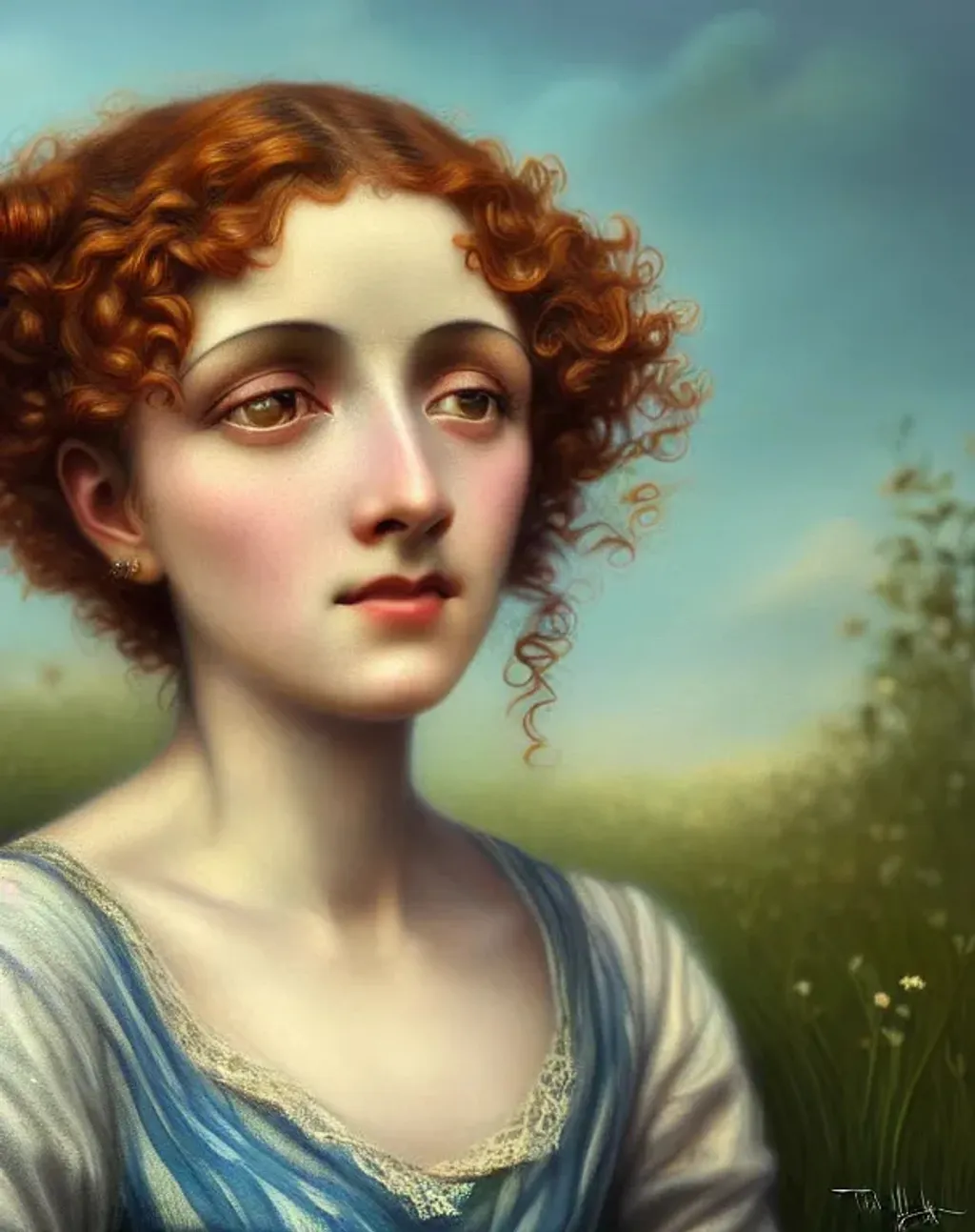 Prompt: An ethereal highly detailed painting of a very beautiful very poor 1920's migrant worker woman, tattered clothes, perfect complexion, gorgeous clean face,
curly auburn hair, award-winning,  Cinematic fantasy atmosphere, farm field, hot sun, cgi, artgerm