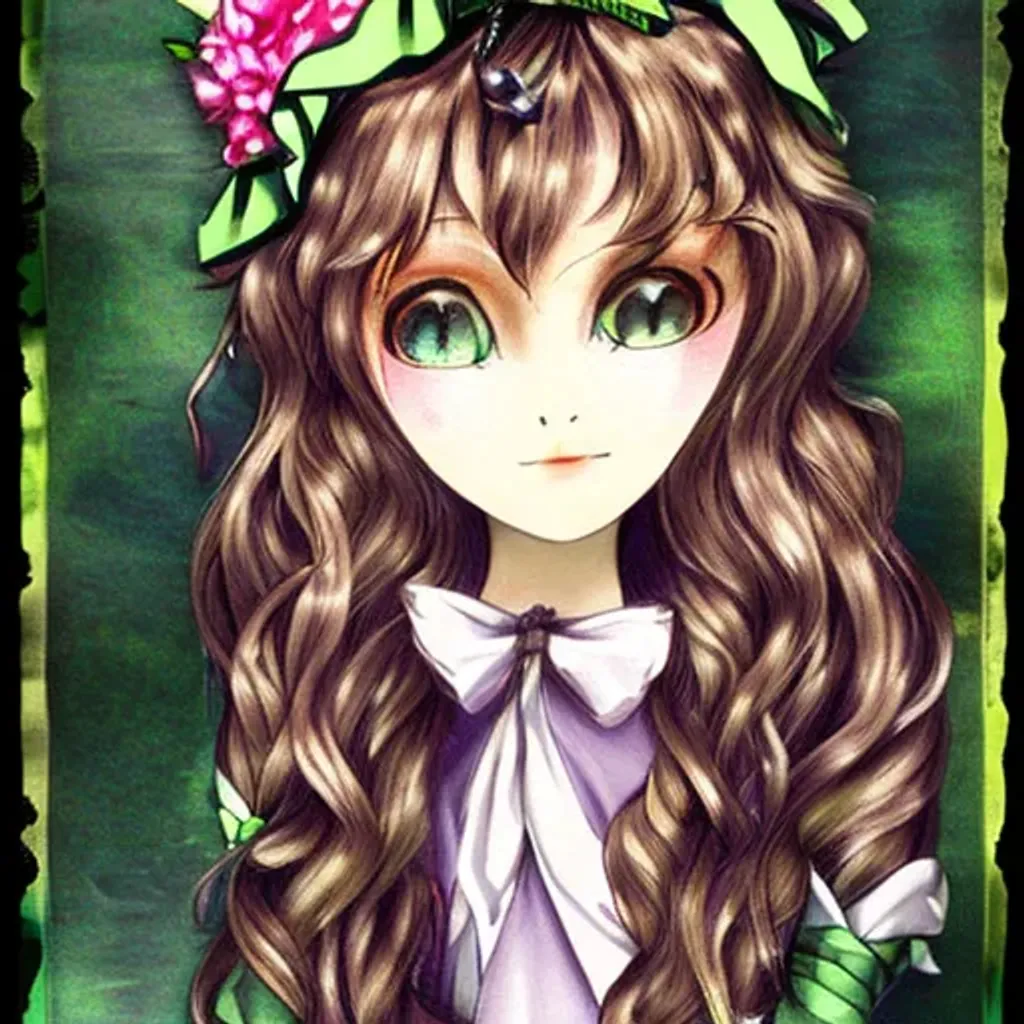 anime girl with curly brown hair and green eyes