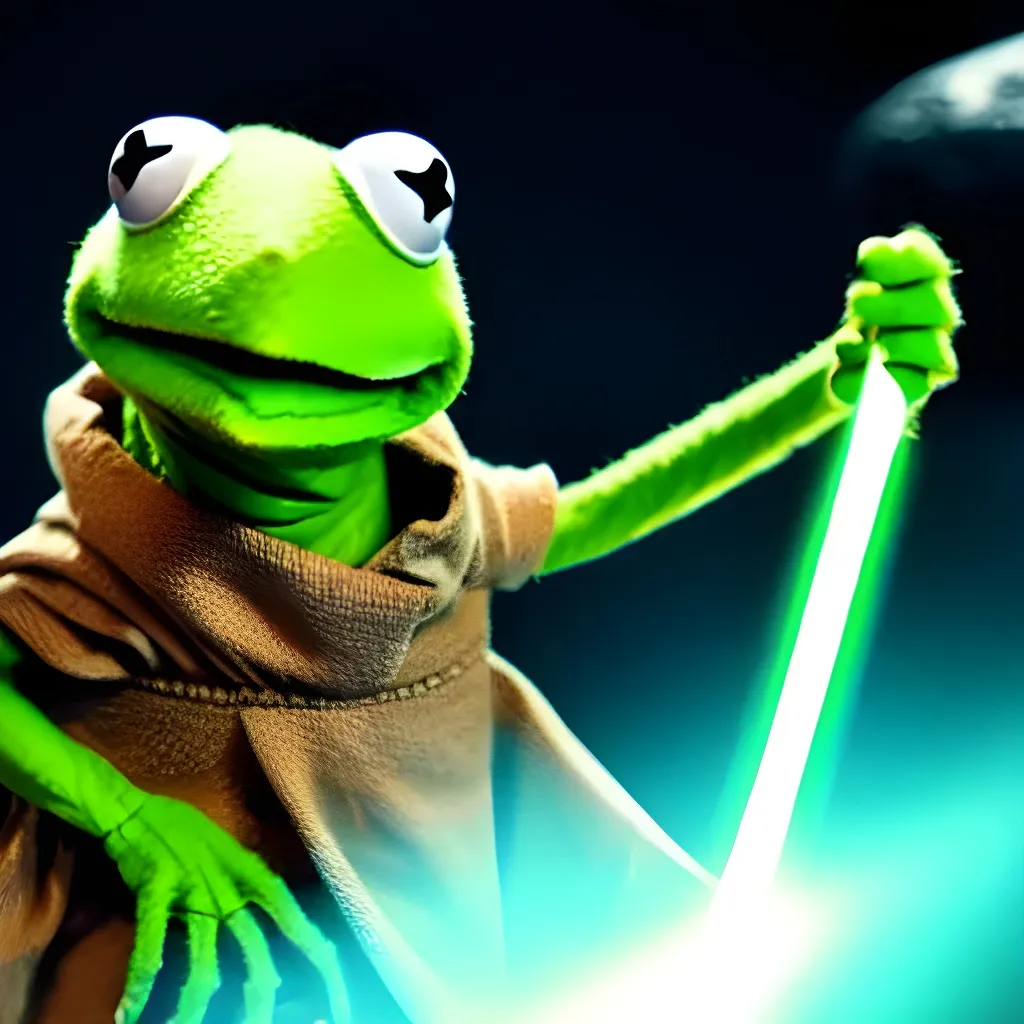 Prompt: kermit the frog jedi fighting a sasquatch on an asteroid in space