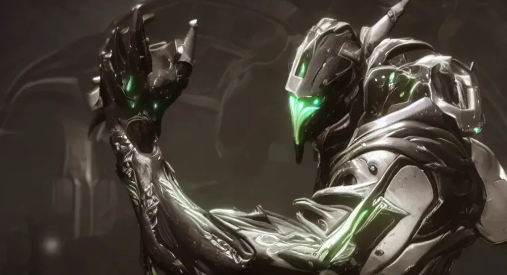 Prompt: a cool stunning warframe god, silver sharp streamlined armor, detailed head, sharp claws, glowing green LED eyes