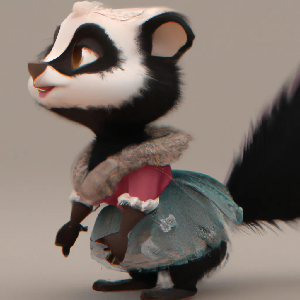 Prompt: High quality, Pixar style, tiny cute and adorable fluffy skunk  dressed in fantasy clothes, fantasy outfit, fantasy dress, small, adorable!, spotted skunk, anthropomorphic ,dnd, adventurer, dramatic lighting, 8k, portrait, cartoon, fine details, 3d render, cinematic ,intricate details, cinematic lighting, character design, character concept, cute, mascot,  adventure, dungeons and dragons, 8k, fluffy!, tsaoshin, pixar movie key visual, fantasy, DnD, adorable!, big eyes, animated, disney, anime, animation