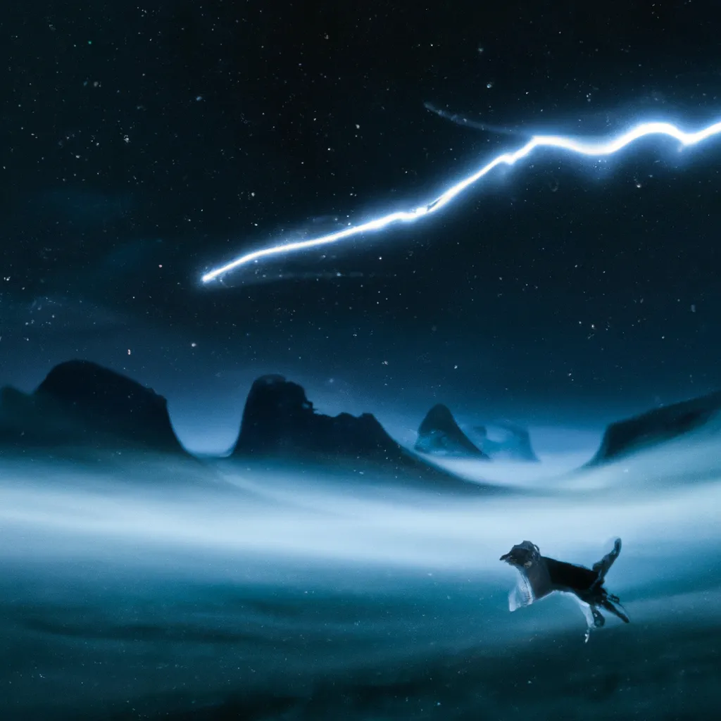 Prompt: a lightning dog running through a beautiful scenic valley at night