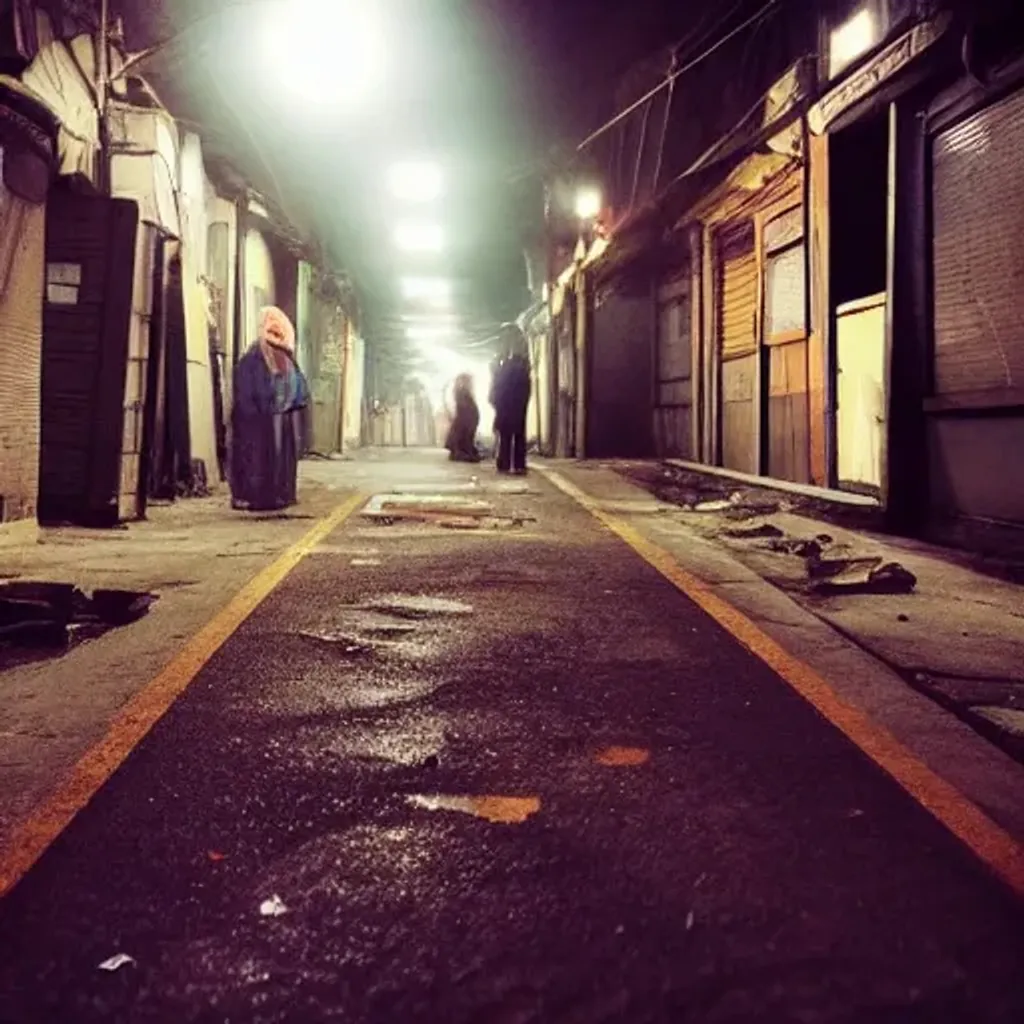 Prompt: abandoned korean street at night, creepy people standing, garbage on ground