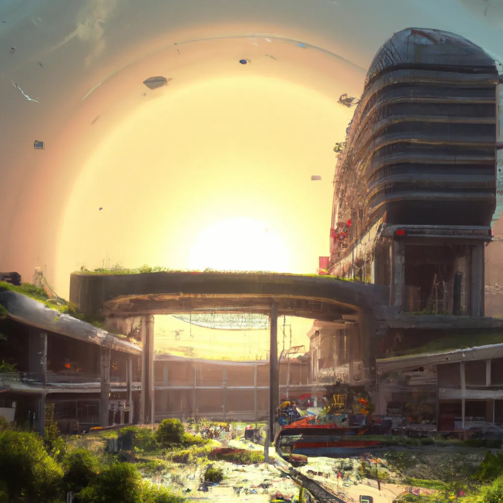 Prompt: Sunny apocalyptic mall, digital art 