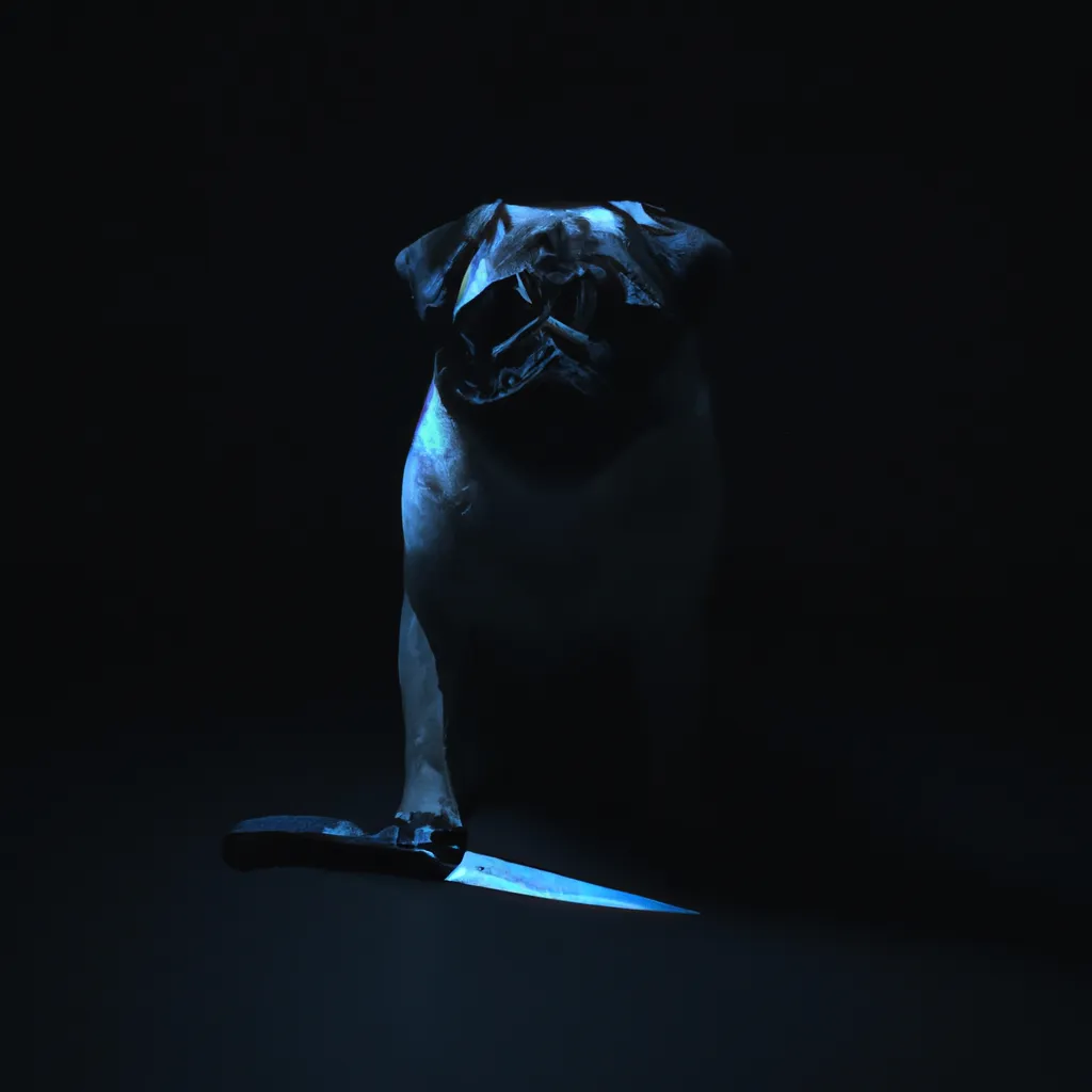 Prompt: A pug with a knife in the dark 