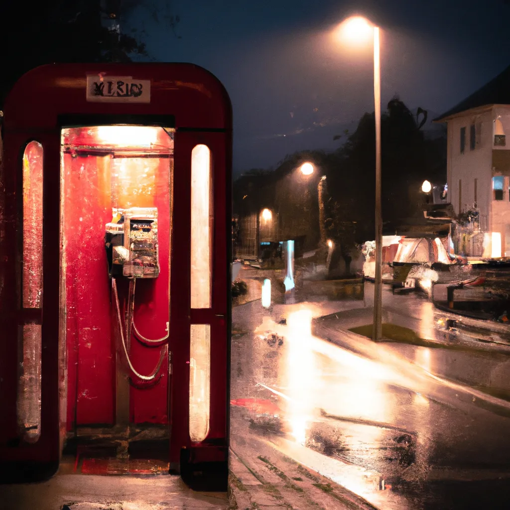 Prompt: A red telephone booth in Germany at a rainy night, dreamy, fantasy, soft lighting,moody, volumetric,rule of thirds,F4,soft focus, cinematic look, paddles on the road 