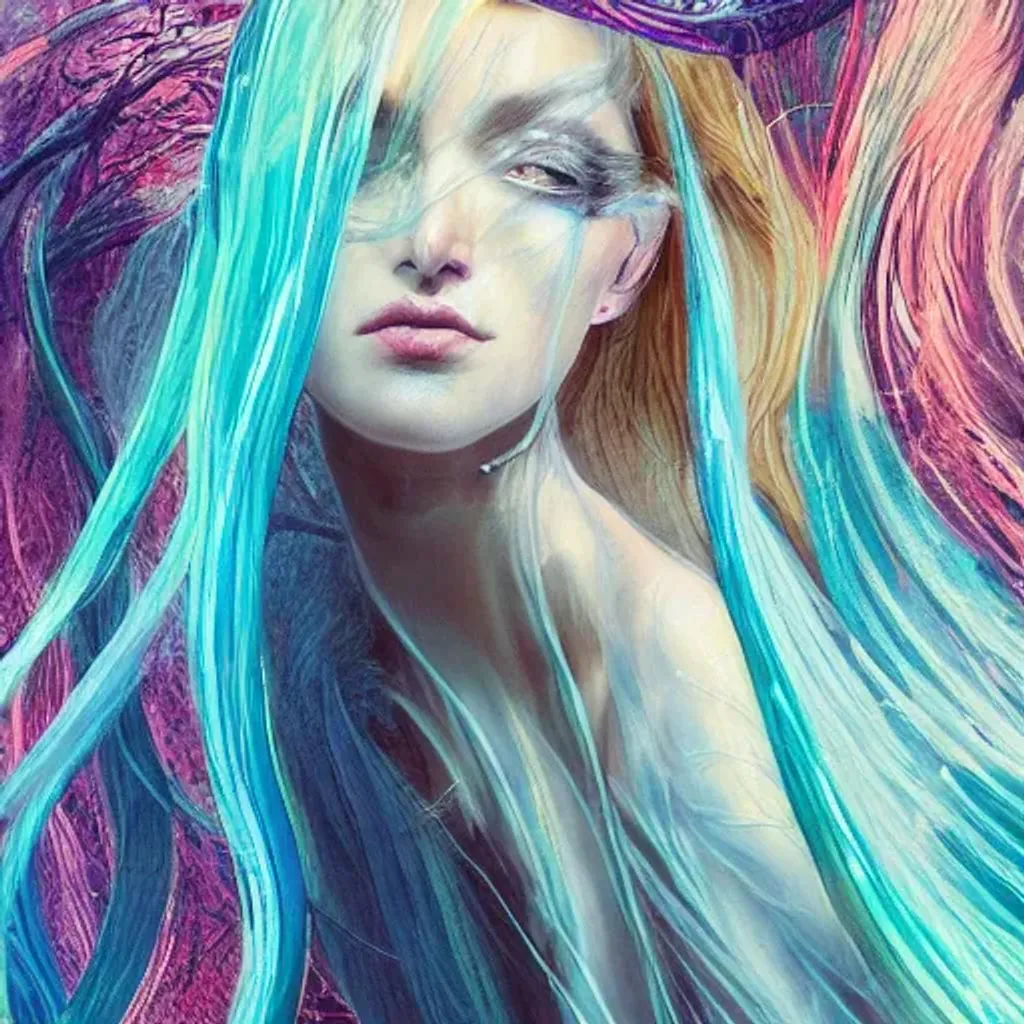 Prompt: a professional painting of an attractive young female with modern bleached hair, clothed in flowing ghostly ribbons of sheer transcendence with a sheen of scrolling lattice maze of intricate tangled memory and exact magic paradigms, existentialism, horror, intricate, elegant, digital painting, concept art, smooth, sharp focus, illustration, from StarCraft by Ruan Jia and Mandy Jurgens and Artgerm and William-Adolphe Bouguerea and Moebus