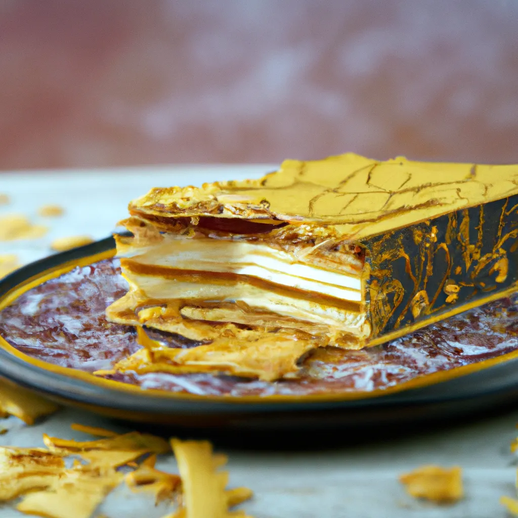 Prompt: photo realistic, super sharp, a slice of delicious authentic millefeuille closeup, on an intricate japanese kintsugi plate , delicious realistic texture, studio lighting by Dennis Pedersen Leica 12mm bokeh background 8k hyper realistic in boulangerie VanderMeersch