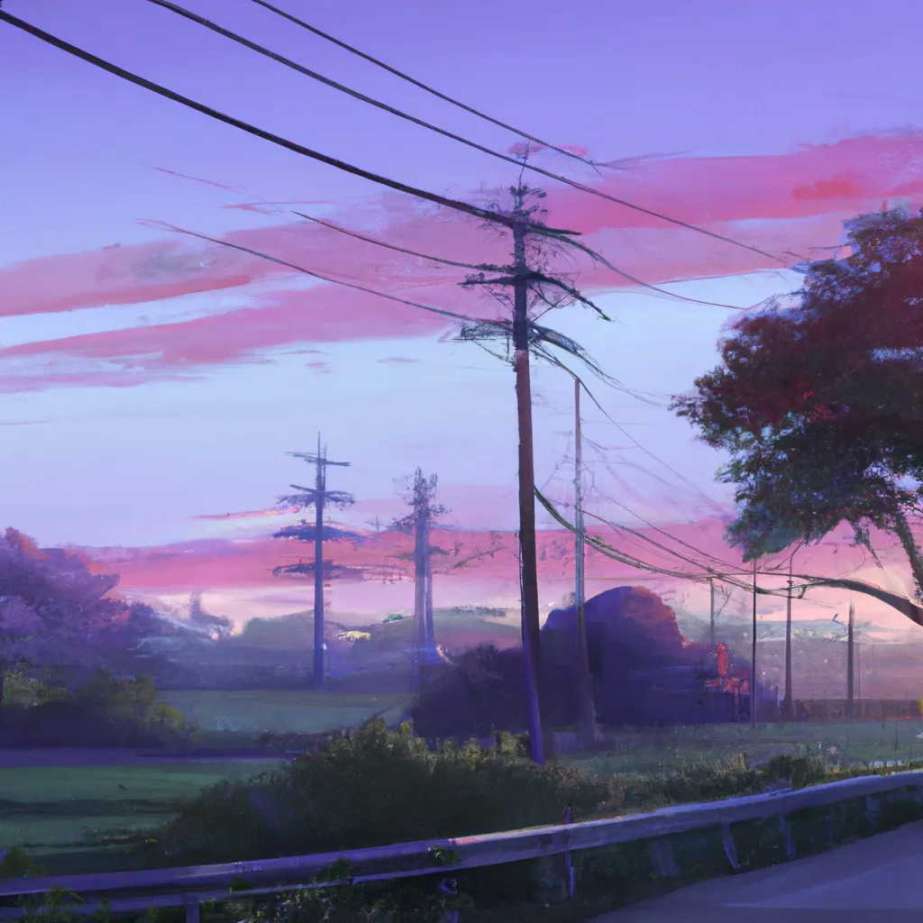 a painting of power lines and trees at sunset, a mat... | OpenArt