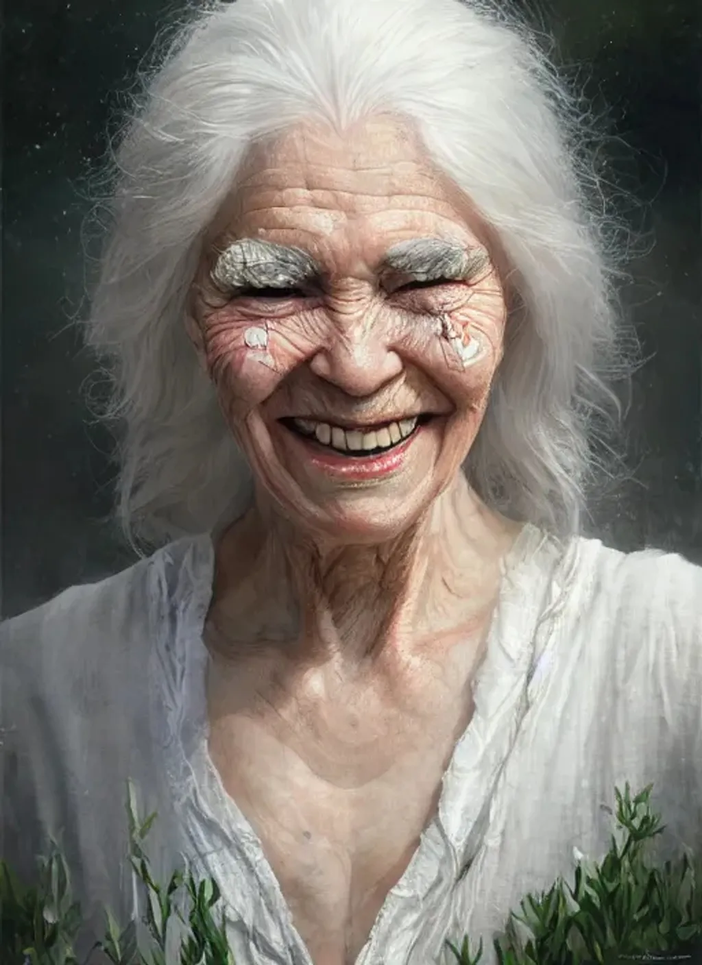 Prompt: Portrait of {grandmother} with {white} hair and with wise smiling face, {garden}, perfect composition, hyperrealistic, super detailed, 8k, high quality, trending art, trending on artstation, sharp soft focus, studio photo, intricate details, highly detailed, by greg rutkowski