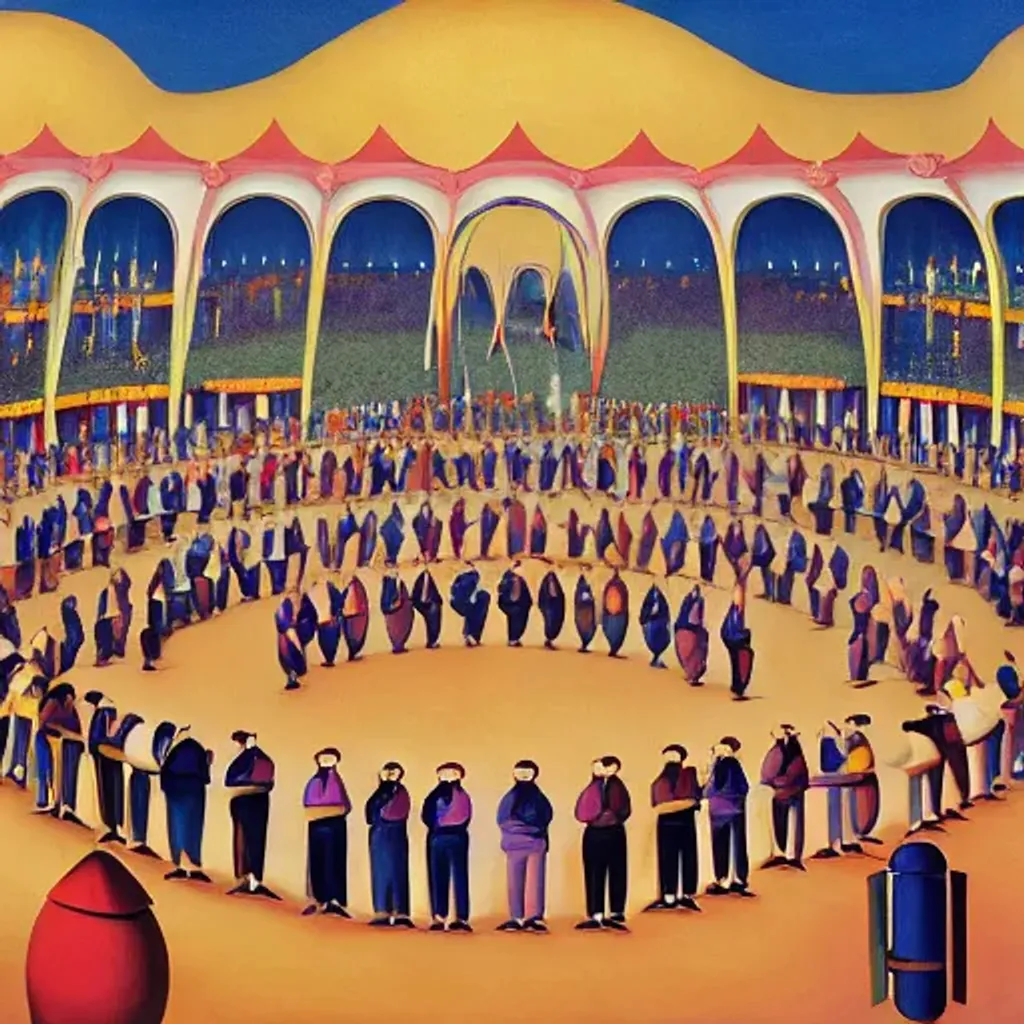 Prompt: a long queue of people to enter a beautiful circus, around several circus workers like clowns and magicians and other exuberant animals like a beautiful elephant, by Rob Gonsalves, by Paul Corfield , by George Ault , by George Ault