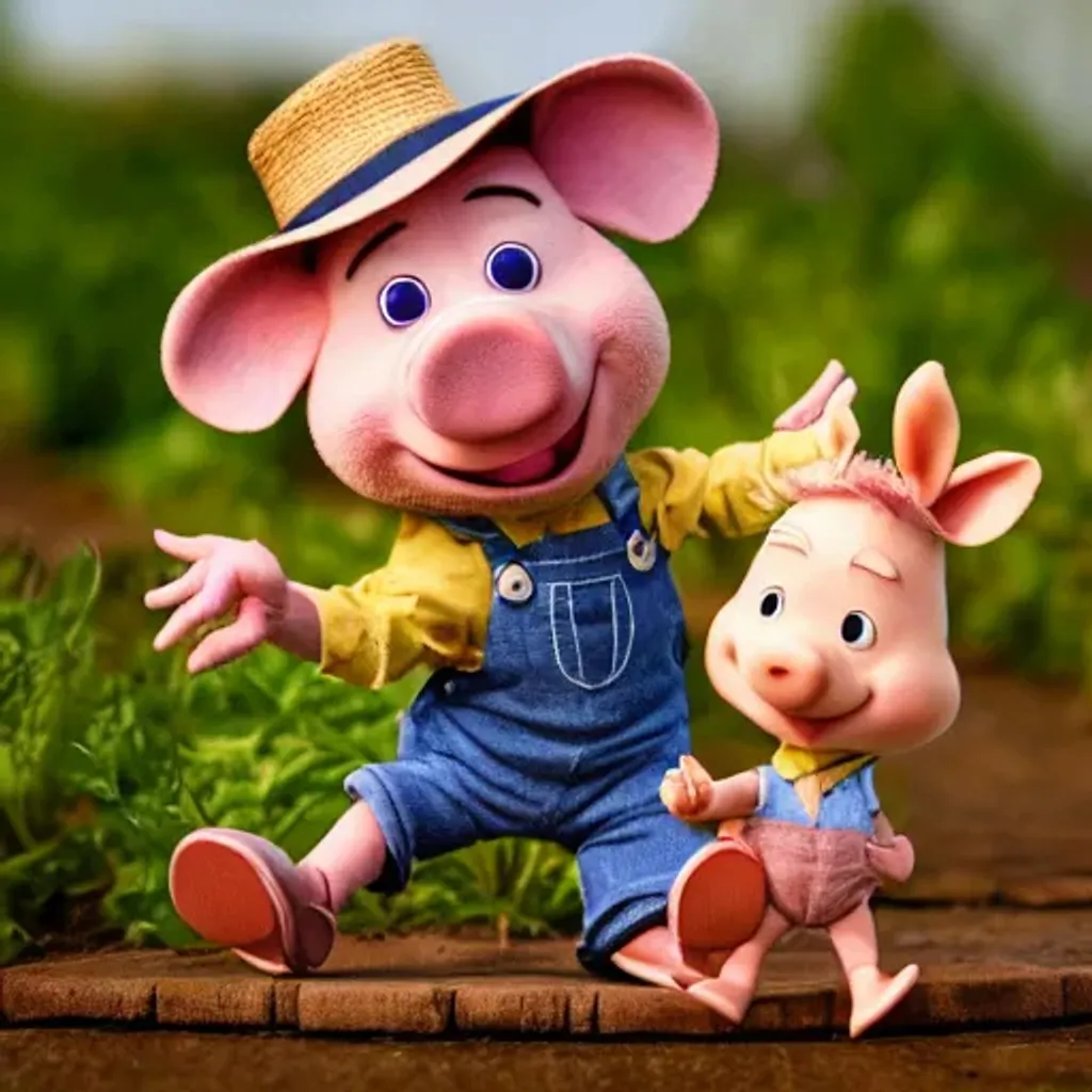 Prompt: Pixar style piglet with 2 ears, cute adorable tiny happy little piglet peasant, dressed in overalls, checkered shirt, straw hat, equipped with farmer gear, in garden full of vegetables, Jean-Baptiste Monge, anthropomorphic, dramatic lighting, 8k, portrait