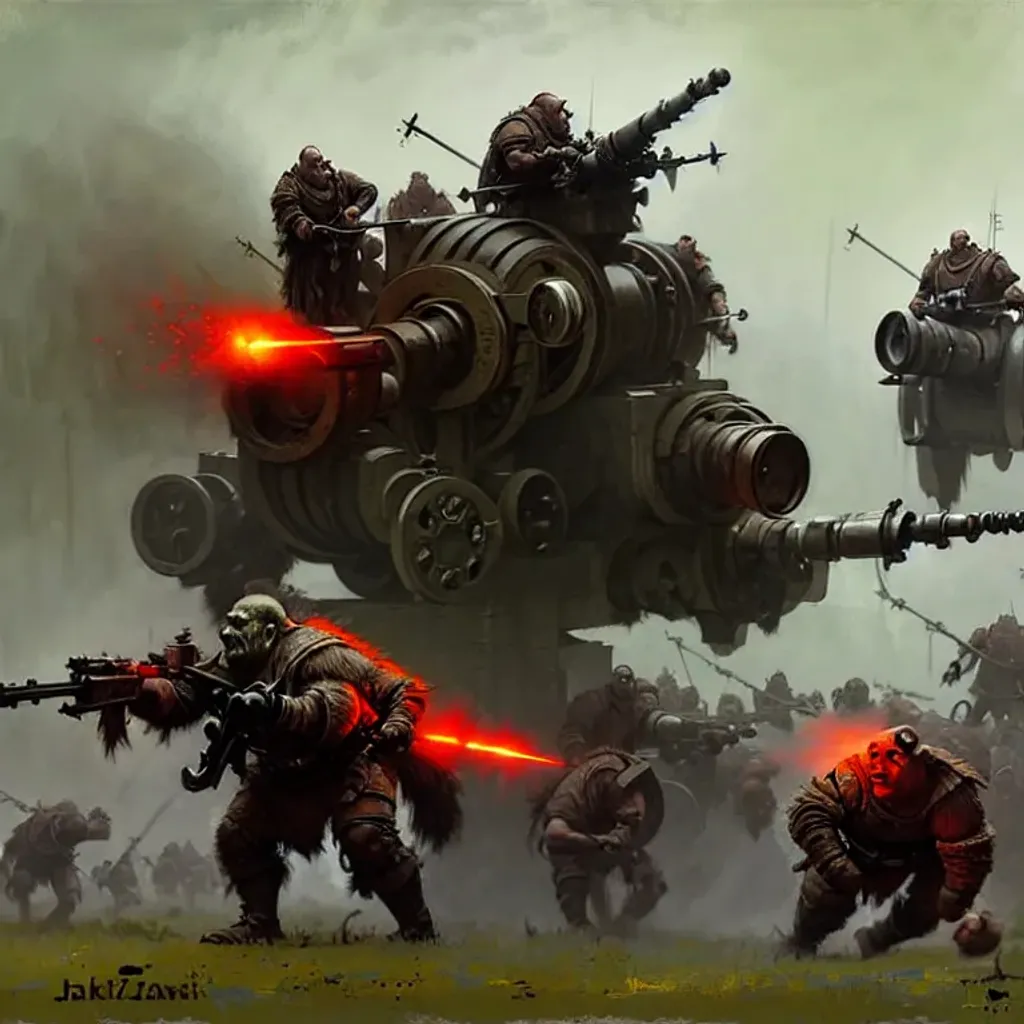 Prompt: orcs and trolls operating dieselpunk artillery, 4k, digital art, concept art, art by Jakub Rozalski