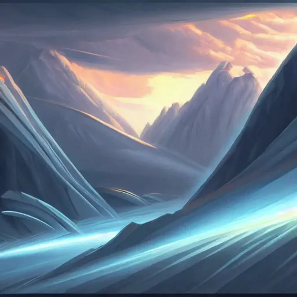 Prompt: a painting of a futuristic arc with mountains in the background, concept art by Zoltan Boros, trending on Artstation, altermodern, anamorphic lens flare, concept art, parallax