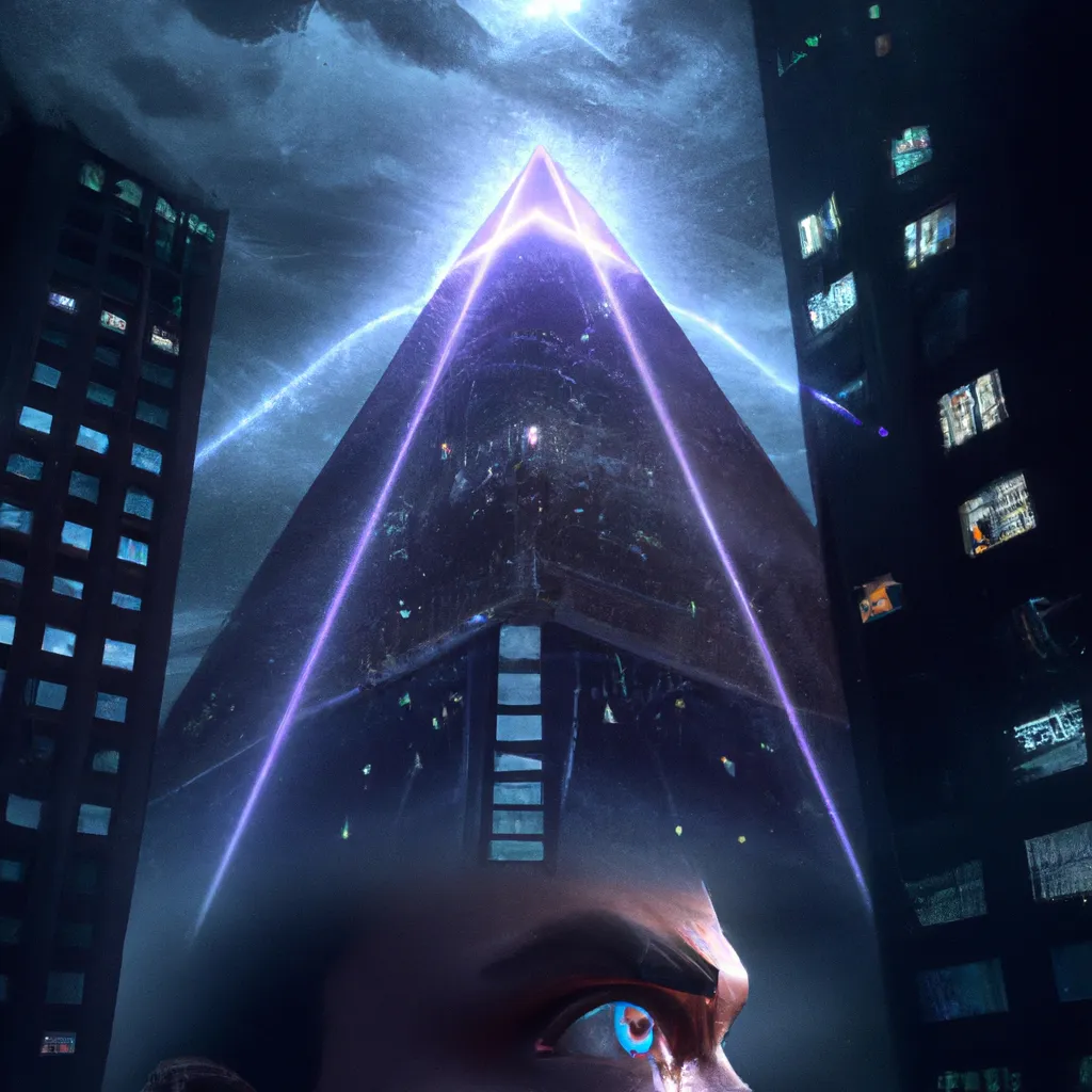 Prompt: hyper realistic, Illuminati evil pyramid eye city night buildings, man staring up, lightning, movie poster, cinematic, 