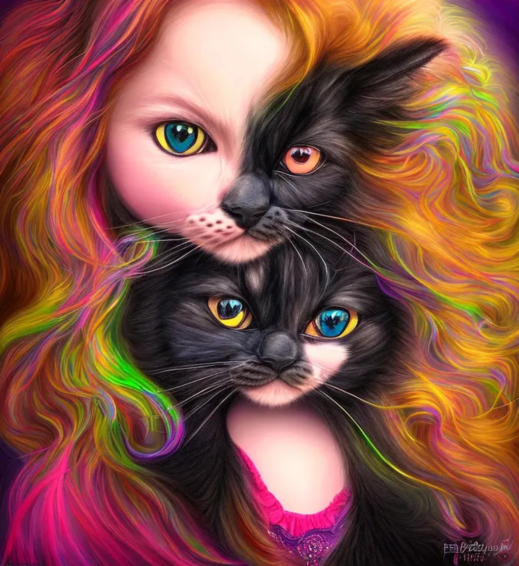 Prompt: realistic portrait of a very beautiful young girl cute nose perfect lips intricate girlish charm curly flyaway hair, holding a long haired black fluffy ragdoll cat, highly detailed, digital painting, sharp focus, dof, ultra reallistic, extremely detailed, intricate, artgerm, ambient lighting  award winning, fantastic view, colourful, intriguing 