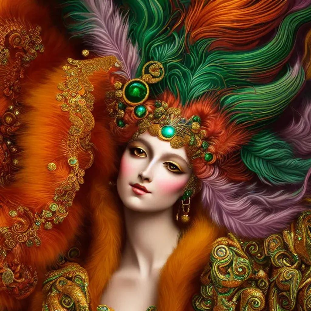 Prompt: Awesome cherub felinoid fursona green orange red mauve eyes, humanoid mal’akh, very long luxurious hair, glowing headdress, sinusoidal striped fur, furaffinity, in the style of hans holbein, mandy jurgens,  fantasy swirls, starfires, background is a beautiful fractal , in the style of Ernst Haeckel, Mandelbrot, detailed and intricate, ornate, hypermaximalist, elegant translucent silicone jewelry, enormous intricately carved pearls, aesthetic, ornate, artifact, Möbius, otherworldly, perfection, awesomeness, glee, volumetric lighting, volumetric swirling mist, occlusion, pink orange red charcoal blue, cinematic, 128K UHD, Unreal Engine 5, pi, fractal, fBm