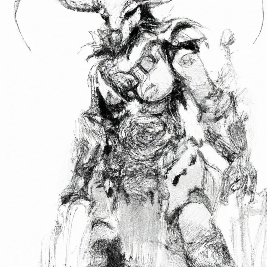 Prompt:  Anthro Minotaur female, beast warrior character,  by  yoshitaka amano
