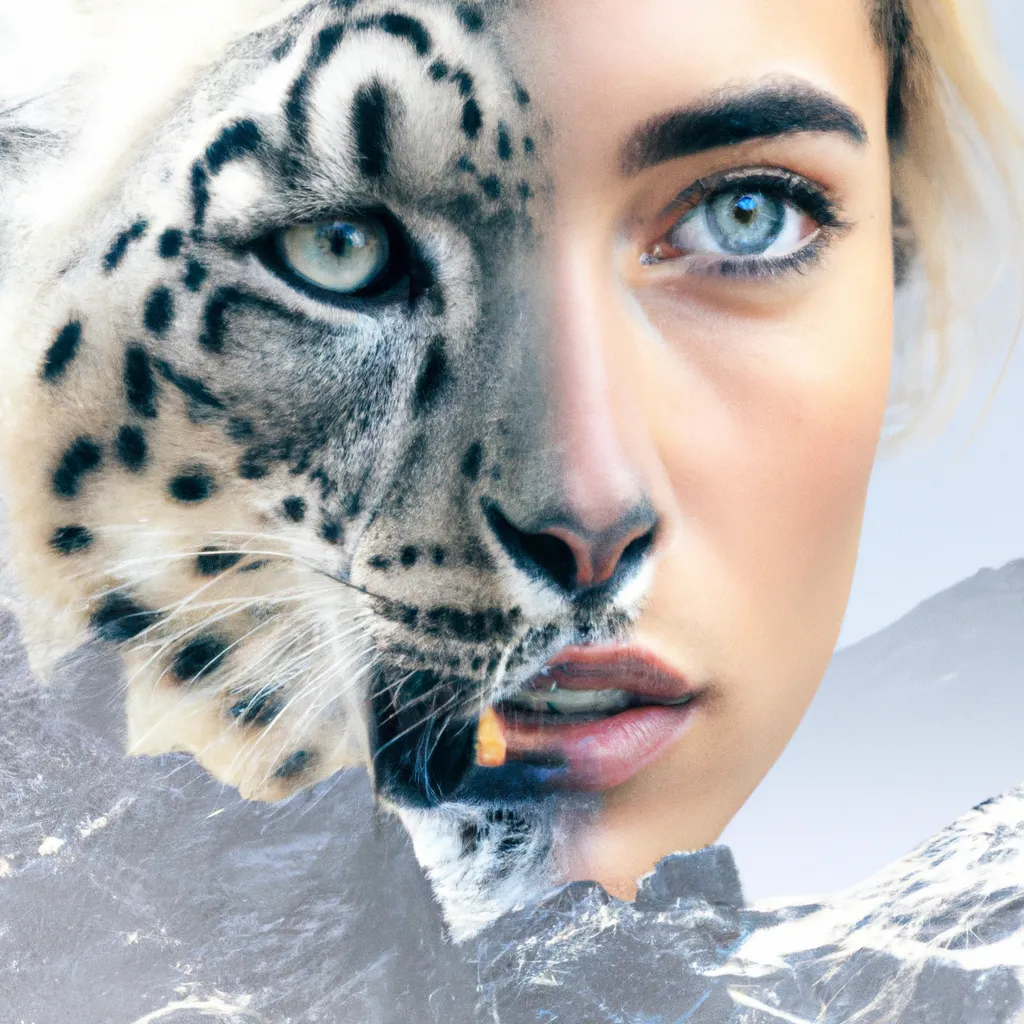 Prompt: A photo of a cute young woman's head combined with a 3D render of a hybrid snow leopard head. Epic film poster style.