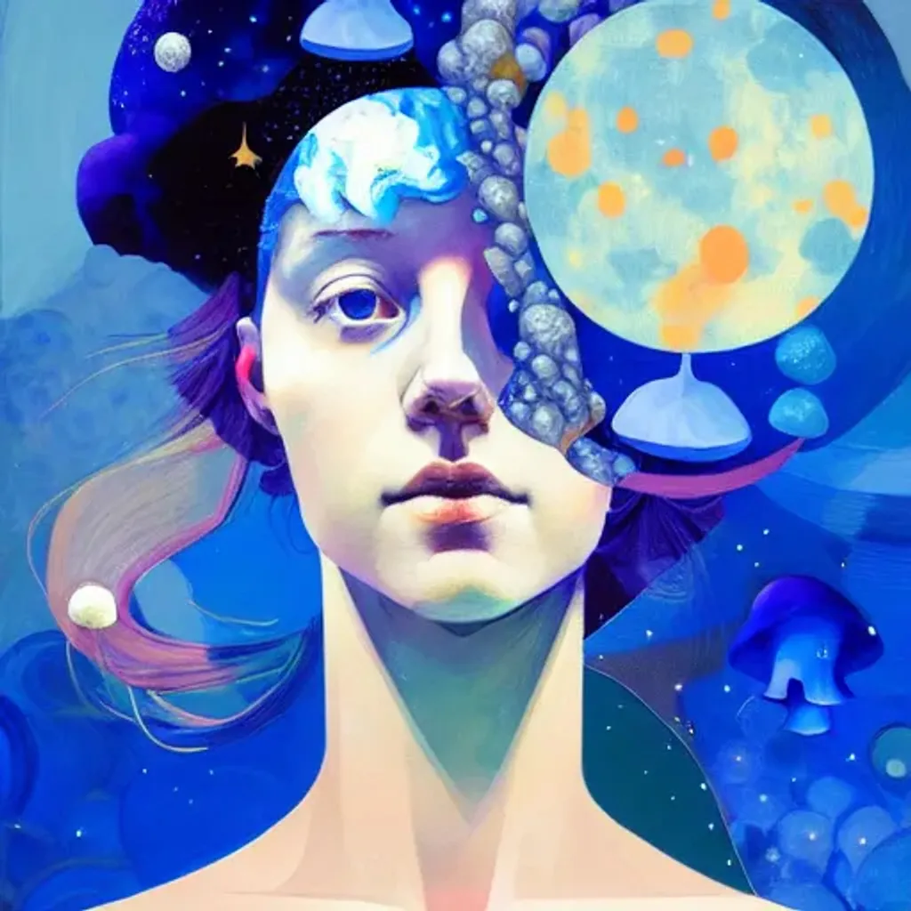 Prompt: Oil portrait by Ryan Hewett, Beautiful woman, blue hair, with mushrooms growing out of her hair, victo ngai, hq, fungi, celestial, moon, galaxy, stars 