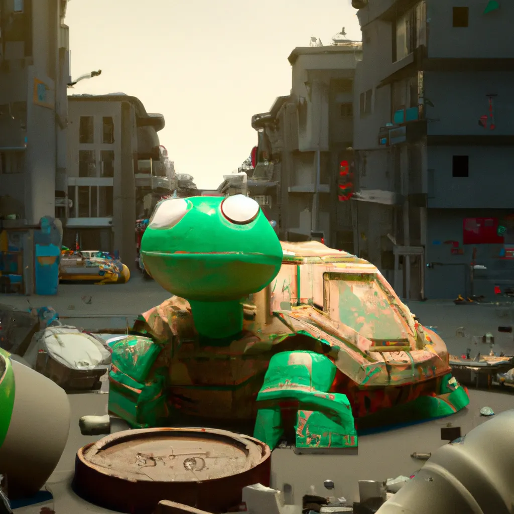 Prompt: 3D render of a cute dystopian junkyard with a green-coloured garbage robot turtle in a clay style, isometric view, new york ruined city background, substance 3d painter, blender, smooth texture, Volumetric lighting, high resolution, trending on behance.net, by Nintendo