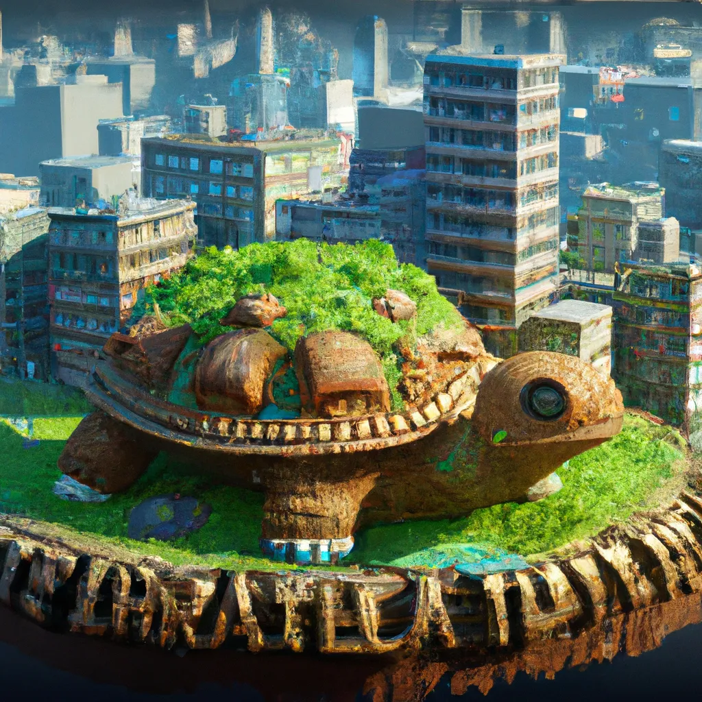 Prompt: 3D render of a cute dystopian city on top of a giant moss covered turtle in a clay style, isometric view, new york ruined city background, substance 3d painter, blender, smooth texture, Volumetric lighting, high resolution, trending on behance.net, by Nintendo