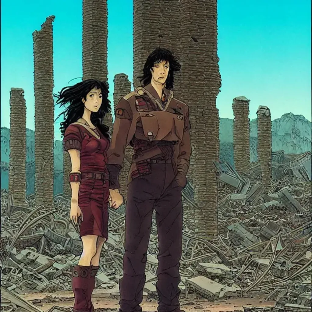 Prompt: strong Woman with dark hair with a Man with long dark brown hair wearing battlesuits while holding hands standing in alien dessert next to destroyed city ruins, by Makoto Kobayashi, by Moebius, by Jean Giraud, manga, anime style, 80's, Intricate, Hand drawn, concept art, grainy color, dim lighting, Anime Key Visual, beautiful composition