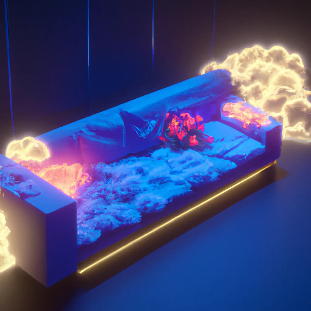 Prompt: futuristic couch made of clouds, cinematic lighting, glowing flowers, unreal engine