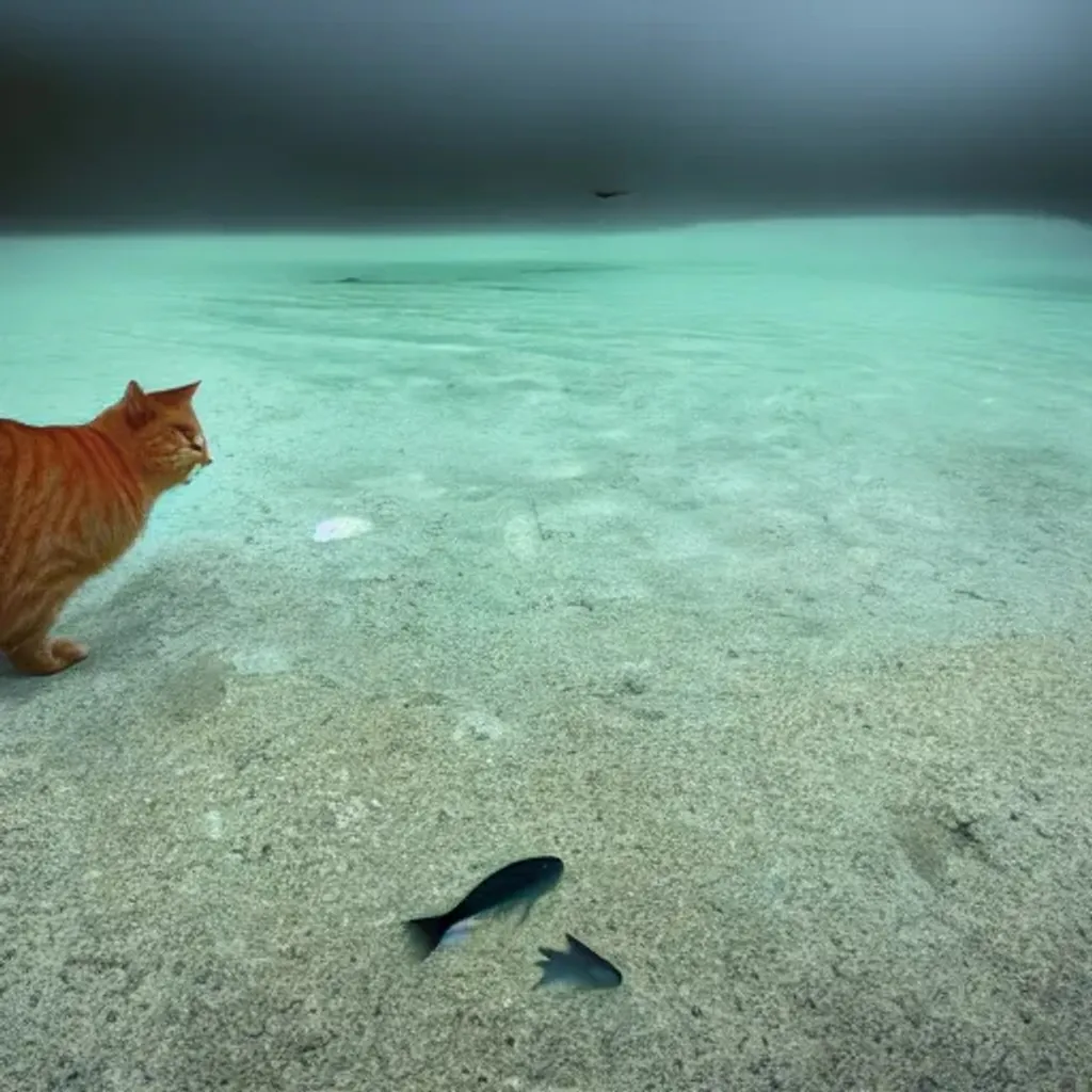 Prompt: cat walking on clear ocean water with fish in water, dark cloudy sky, fog, liminal space, hdr