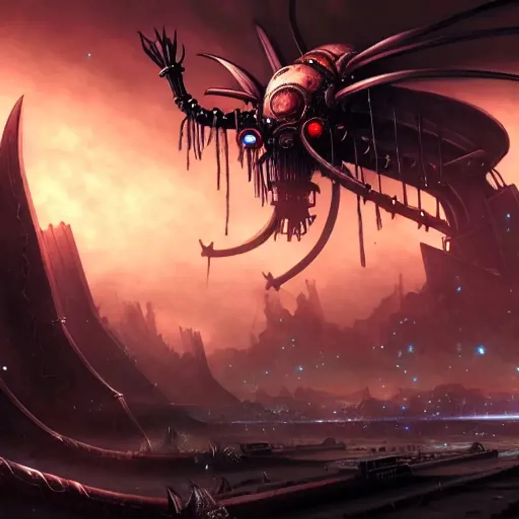 Prompt: fantasy artwork of a giant phyrexian dreadnought destroying a city, mechanical bug demon, sharp black metal, steampunk, hd 4k