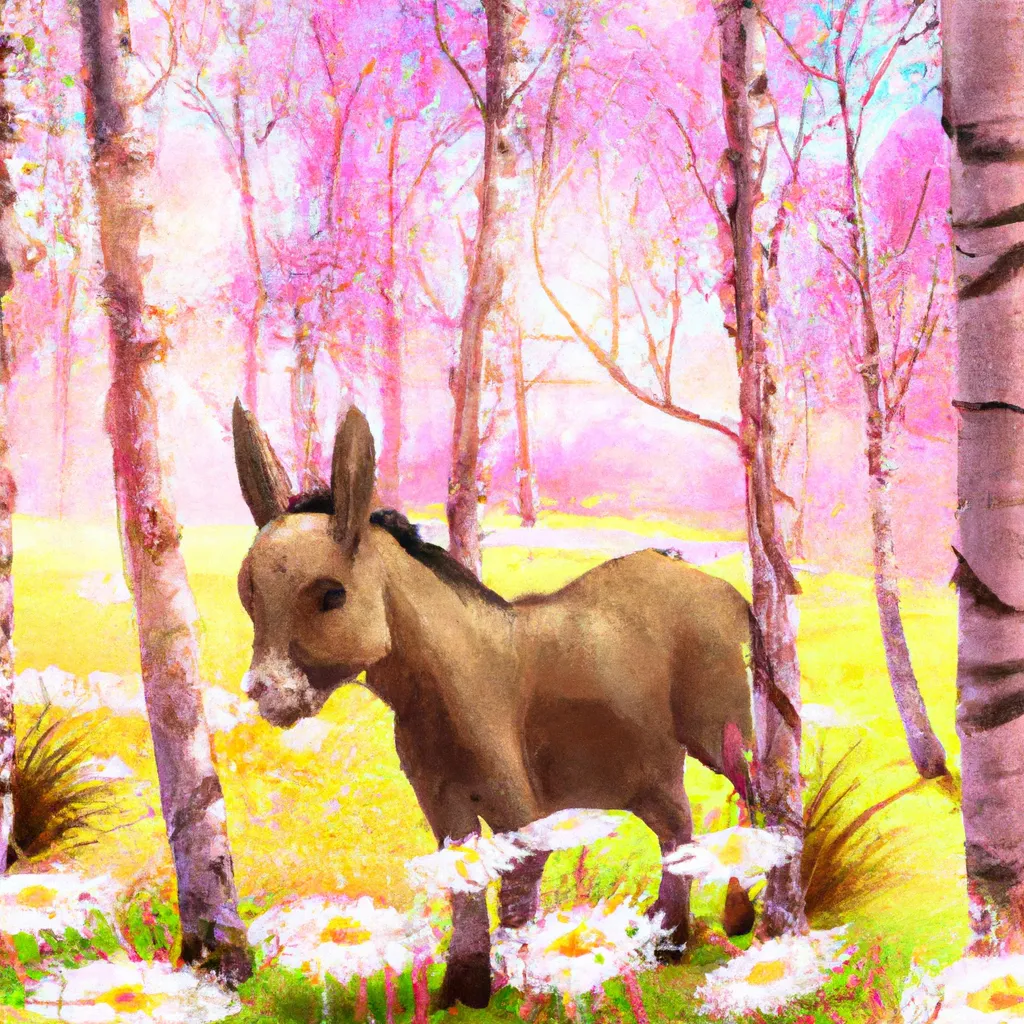 Prompt: a cute fuzzy donkey, adorable, in a field of flowers, birch trees, anime, animated, animation, scenic, beautiful, soft light, gold and pink light, key visual