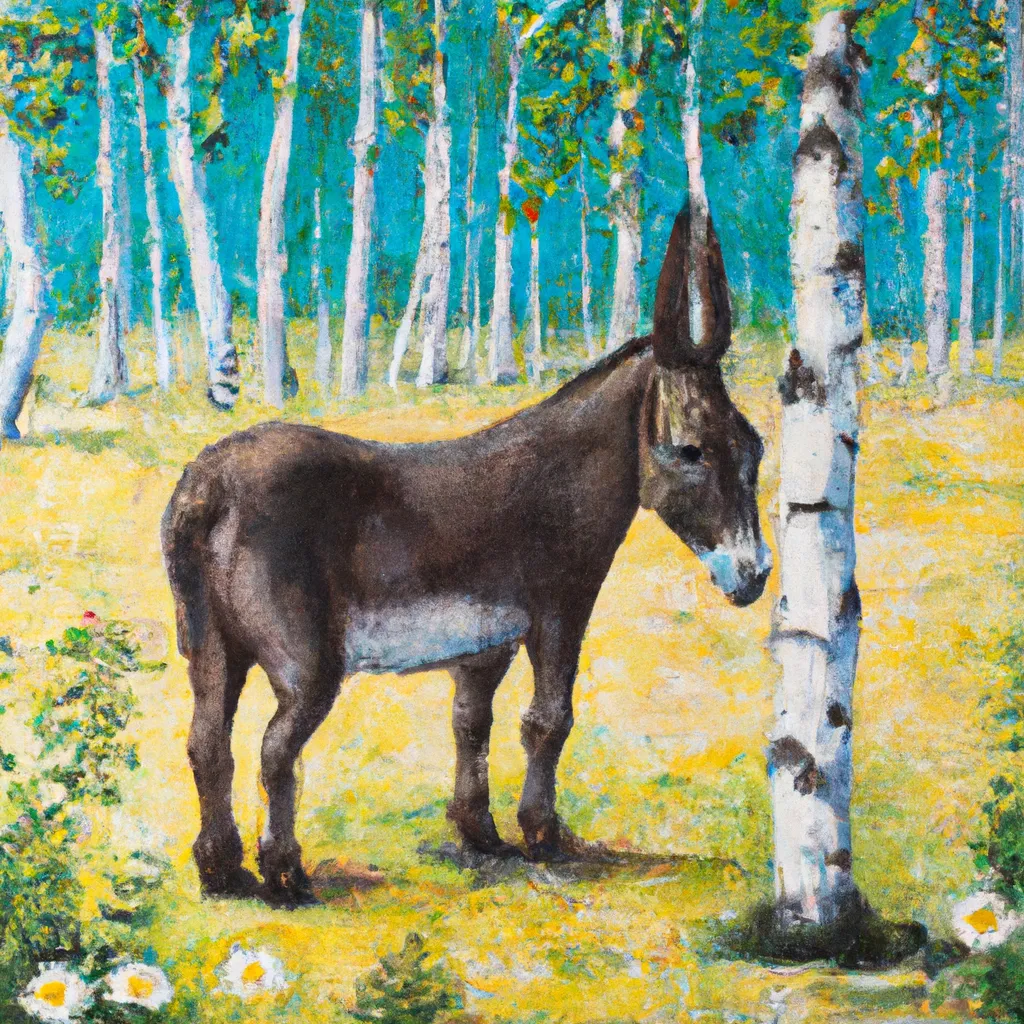 Prompt: painting of a donkey in a field of flowers, birch trees, scenic, idealic, soft light