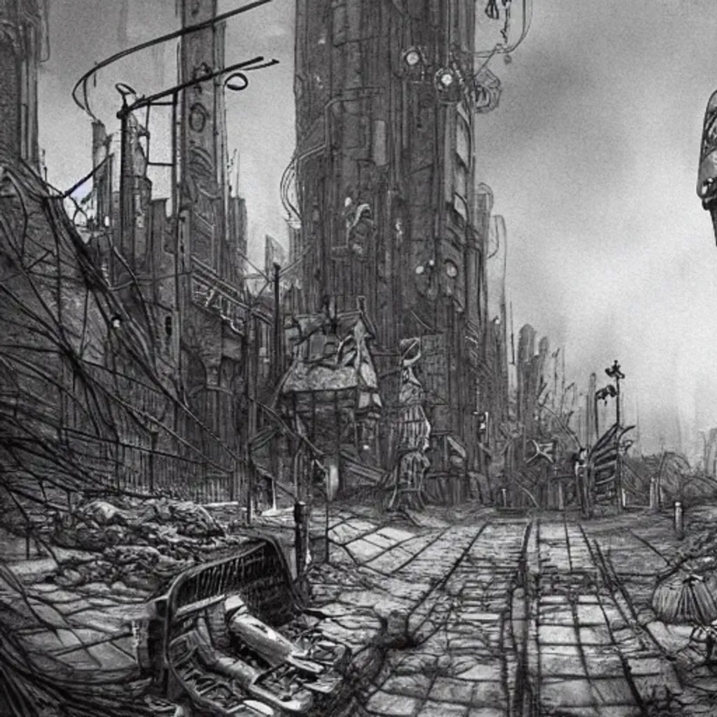Prompt: Dystopian wasteland or Midnight melancholy. ink wash, depth of field, scifi, backlighting, chiaroscuro, intricate details, fairytale art.