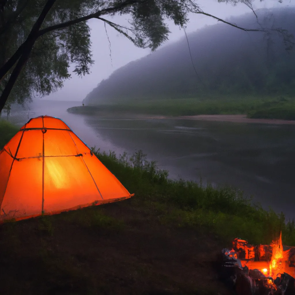 Prompt: A large primitive oaf in the foreground, bonfire by the river, Orange Solar tent in the middle of a forest, foggy environment, crepuscular light, dramatic scenery, moody