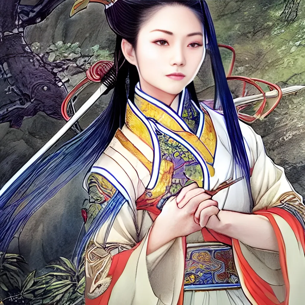 Prompt: An epic fantasy wuxia illustration portrait of a beautiful Chinese female cultivator wearing military hanfu shooting with one shotgun in the rural mountainside, full body XIANXIA, manga, Chinese temple, intricate linework, depth of field by Yoji Shinkawa 4k -n 4 -i, pi, artstation, pixiv, artgerm, unreal engine, masterpiece, bright colours, high quality