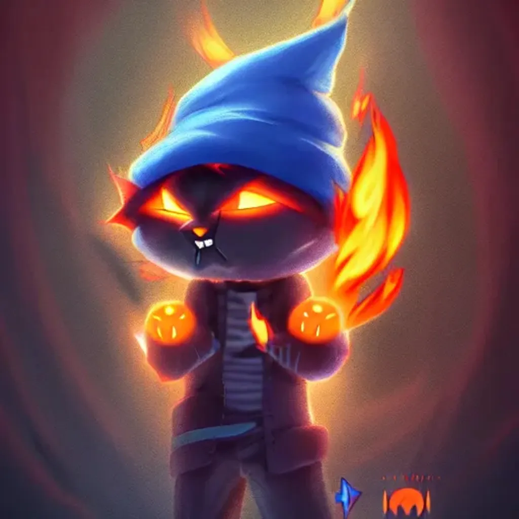 Prompt: A cool Anime character, half cat half jack-o-lantern with blue eyes wearing a beanie, on fire at a concert hall, a character portrait by Andrei Kolkoutine, Artstation, sots art, 3d game art, quantum wavetracing, dark and mysterious